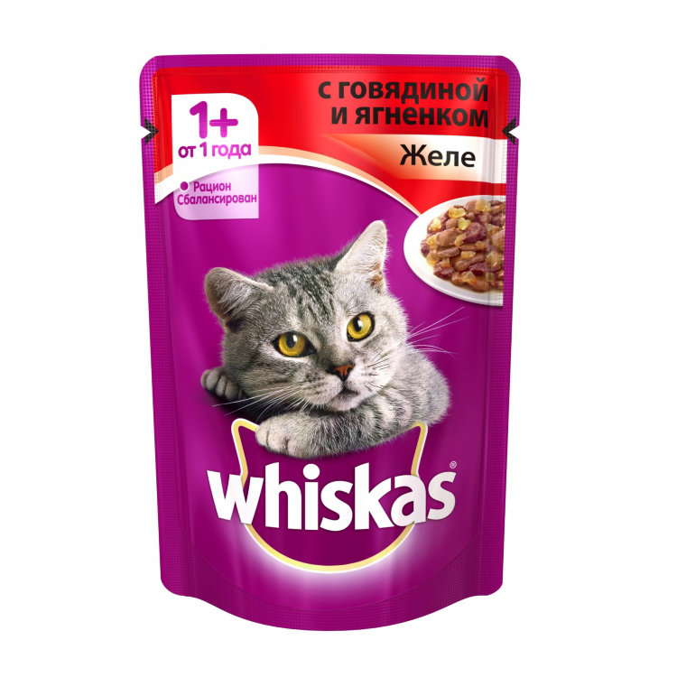 Whiskas паучи в форме желе с говядиной и ягненком для взрослых кошек от 1 года